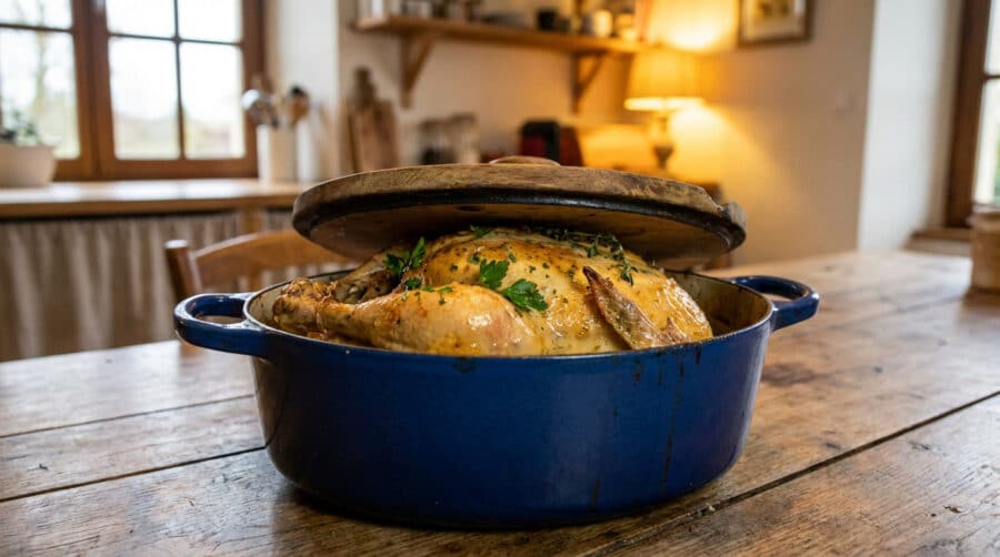 golden poularde in rustic blue cocotte