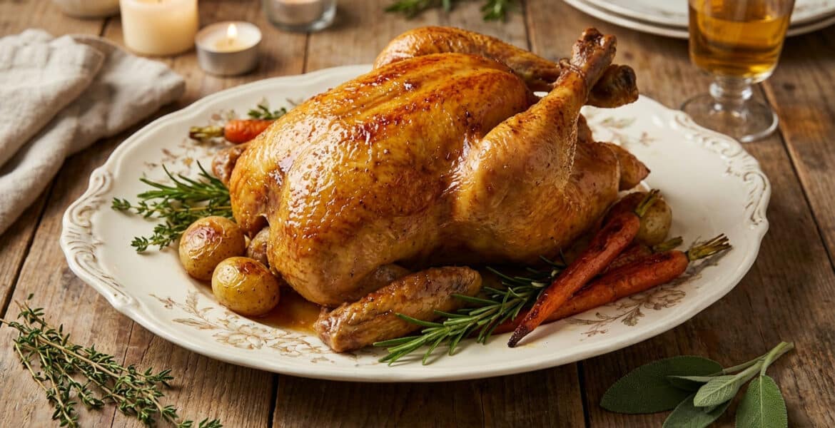 golden roasted capon with herbs and root vegetables
