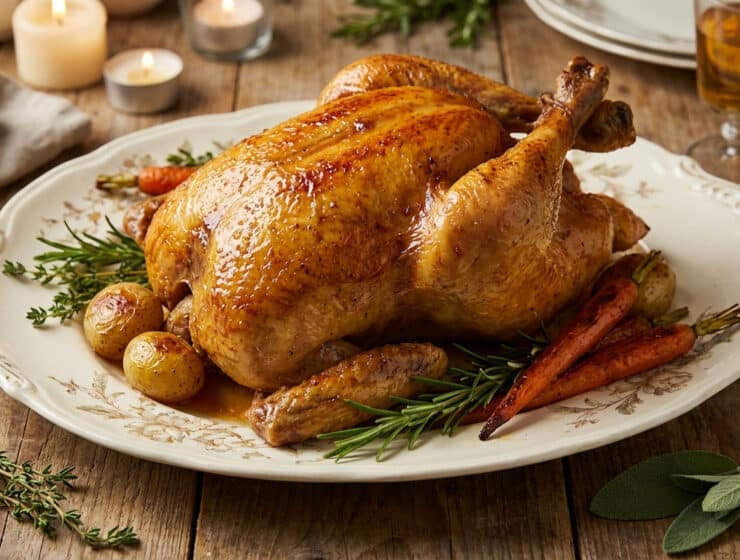 golden roasted capon with herbs and root vegetables