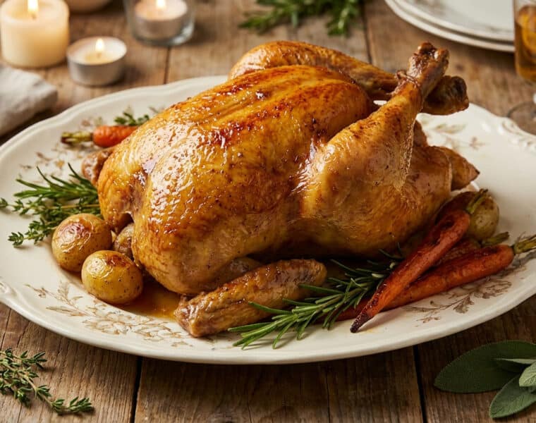 golden roasted capon with herbs and root vegetables