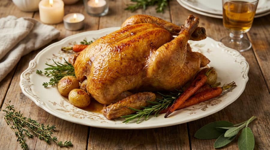golden roasted capon with herbs and root vegetables