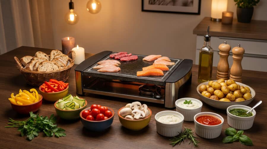 gourmet hot stone grill dinner with fresh accompaniments