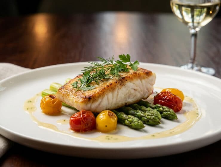gourmet pan seared fish fillet with asparagus and wine