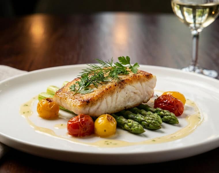 gourmet pan seared fish fillet with asparagus and wine