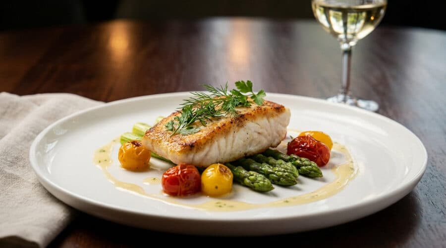 gourmet pan seared fish fillet with asparagus and wine