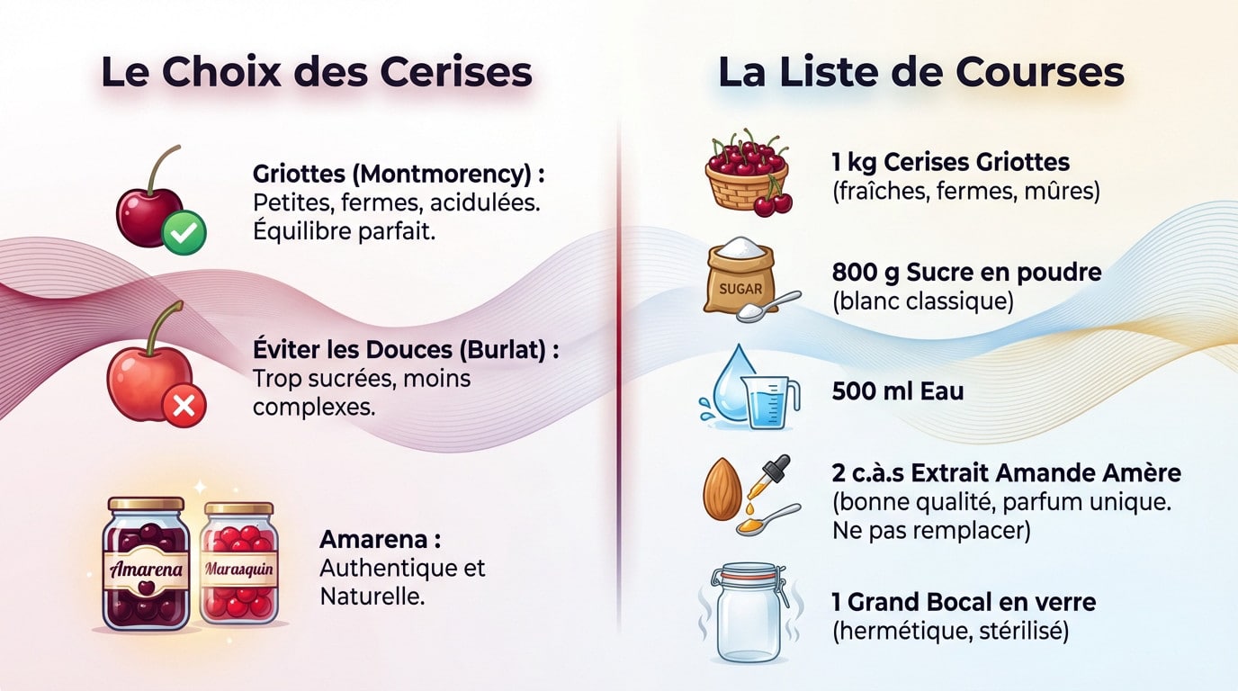 Ingrédients frais et griottes pour préparer des cerises amarena maison