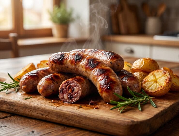 hearty sausages and roasted potatoes fresh from oven