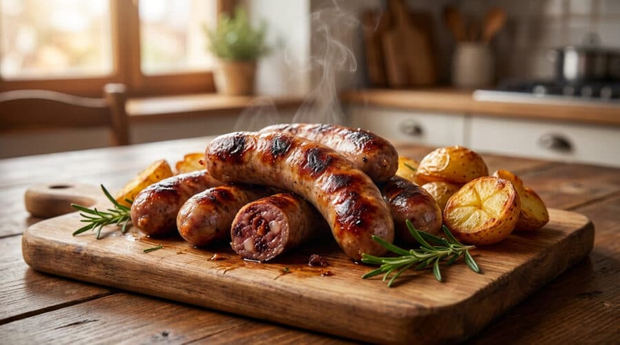 hearty sausages and roasted potatoes fresh from oven