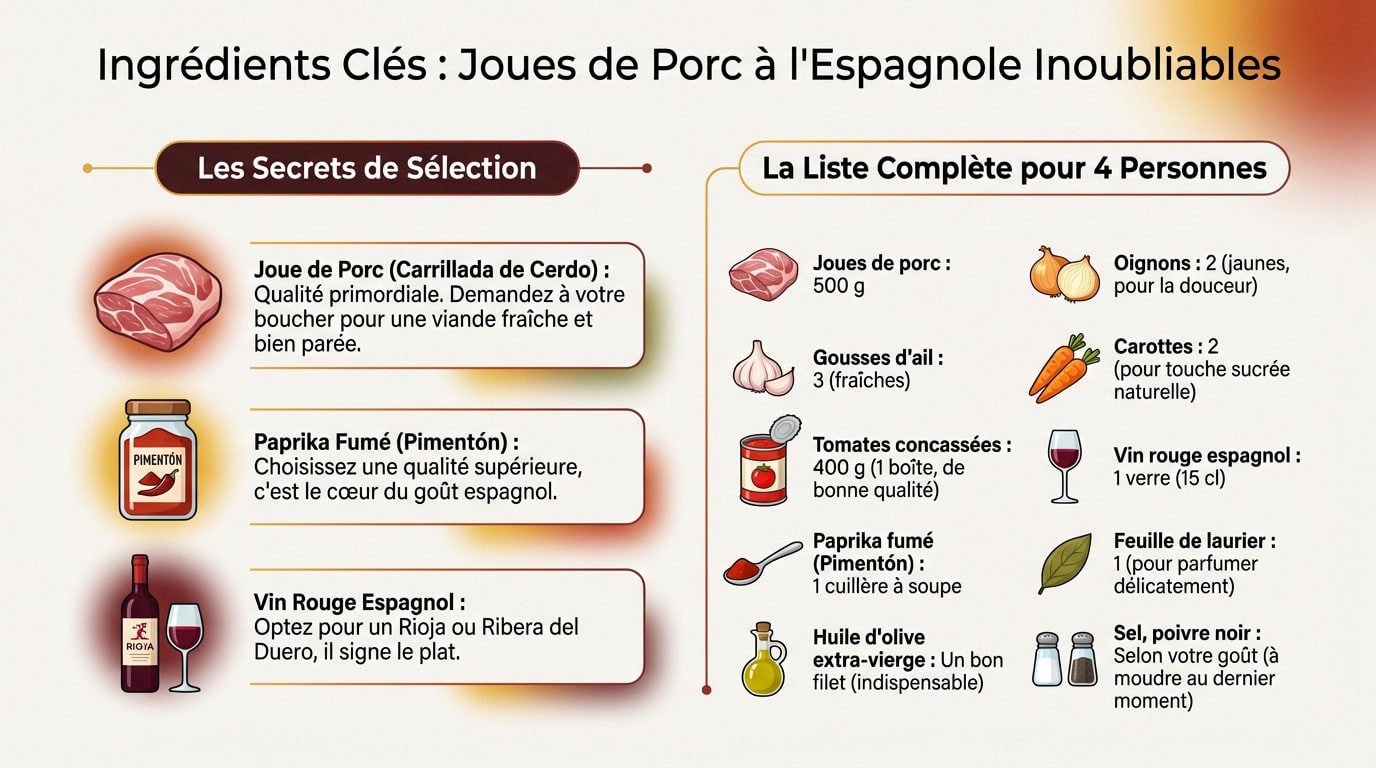 Ingrédients frais et épices pour réussir une recette joue de porc espagnole