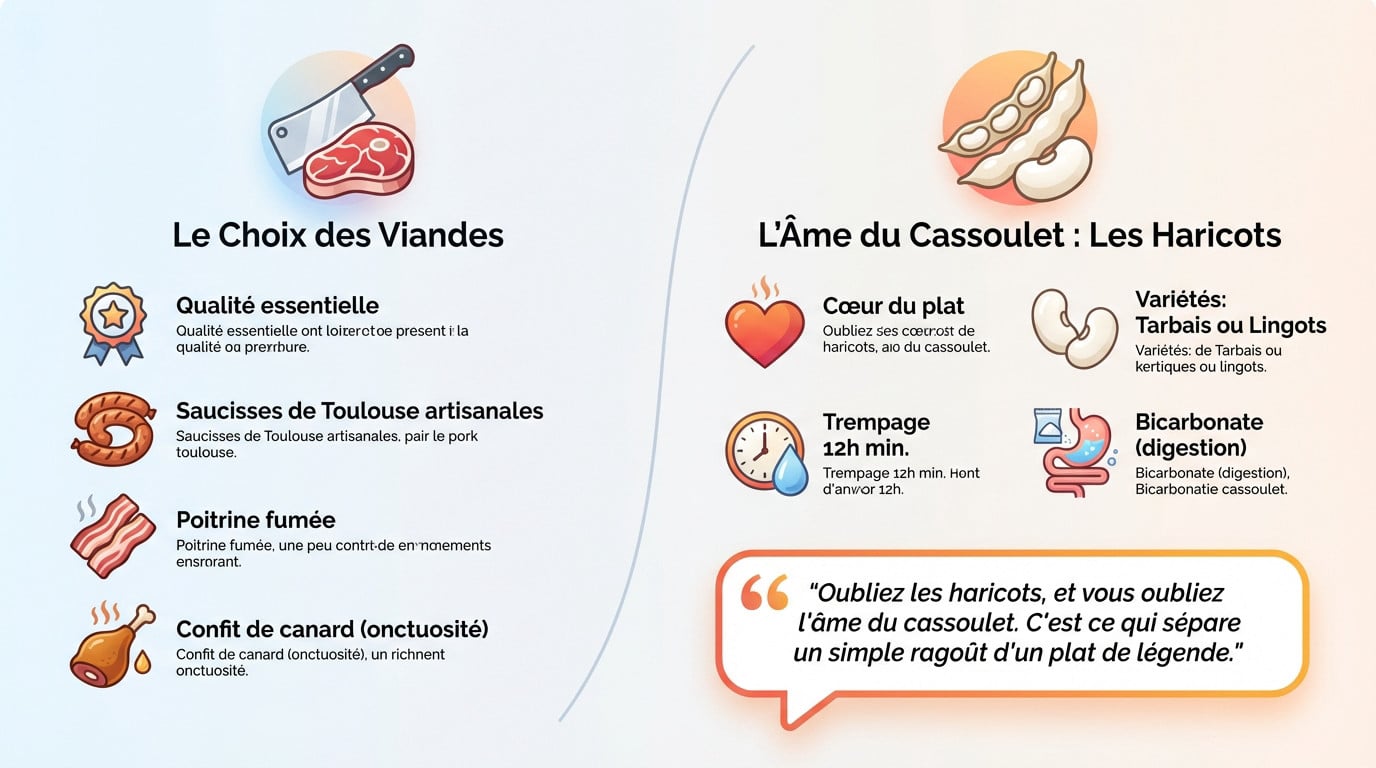 Ingrédients frais pour préparer une cassoulet cookeo recette : saucisses de Toulouse, haricots blancs et confit de canard