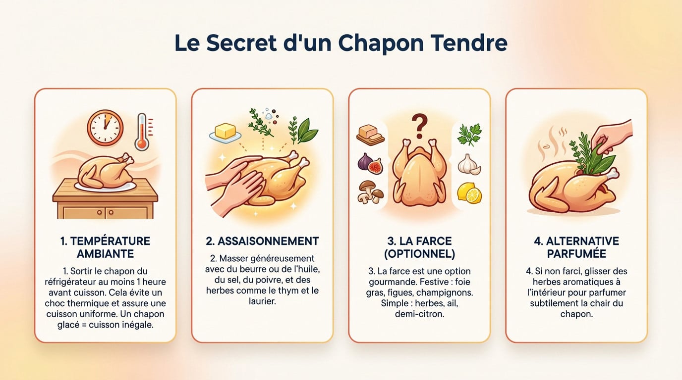 Préparation et assaisonnement d'un chapon avant cuisson au four