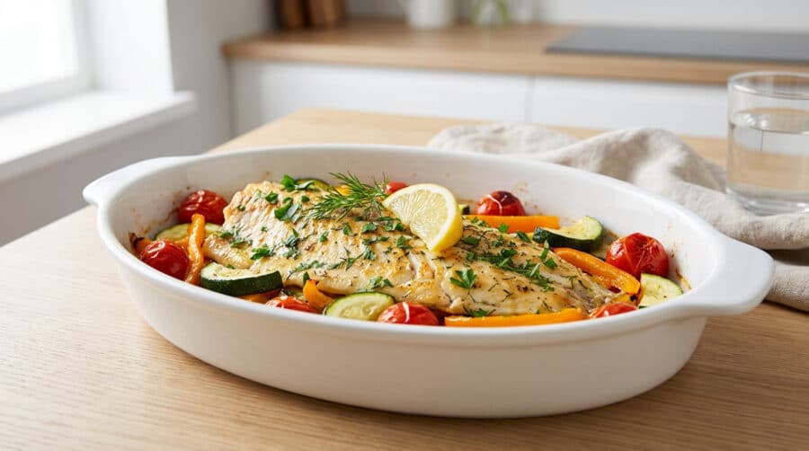 lemon herb baked fish with roasted vegetables