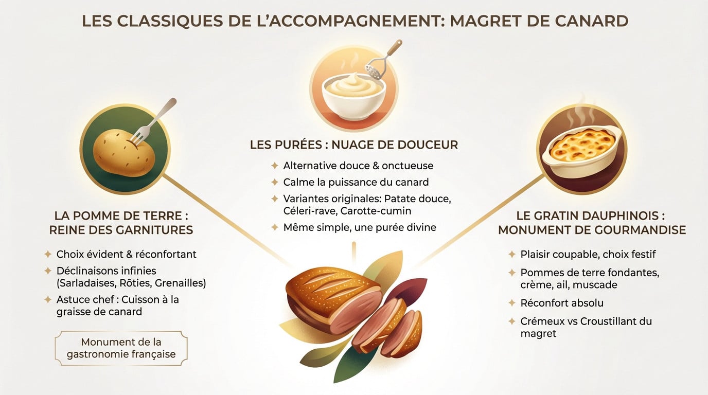 Plat de magret de canard servi avec des pommes de terre sarladaises dorées