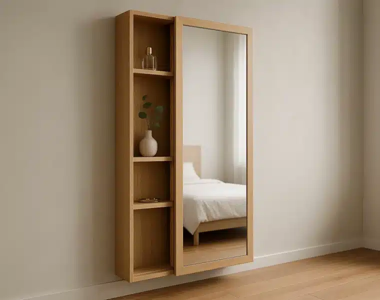 Miroir en chêne clair avec rangement intégré, parfait pour optimiser l'espace intérieur