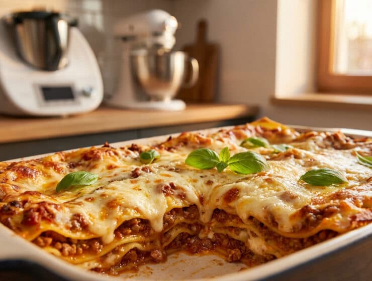 perfectly baked golden lasagna with basil