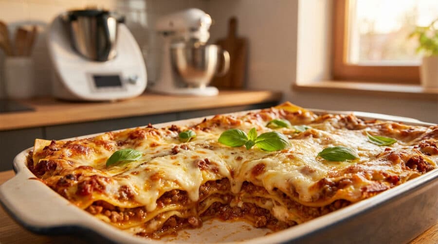 perfectly baked golden lasagna with basil