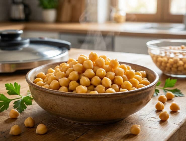 perfectly cooked chickpeas in rustic bowl kitchen scene