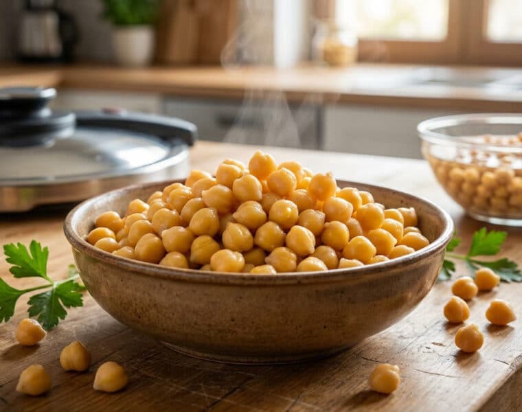 perfectly cooked chickpeas in rustic bowl kitchen scene