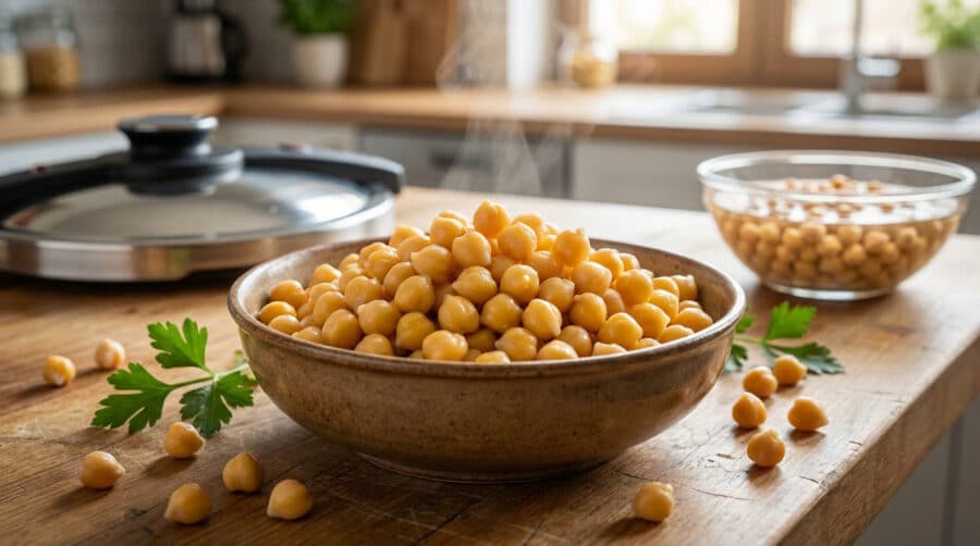 perfectly cooked chickpeas in rustic bowl kitchen scene