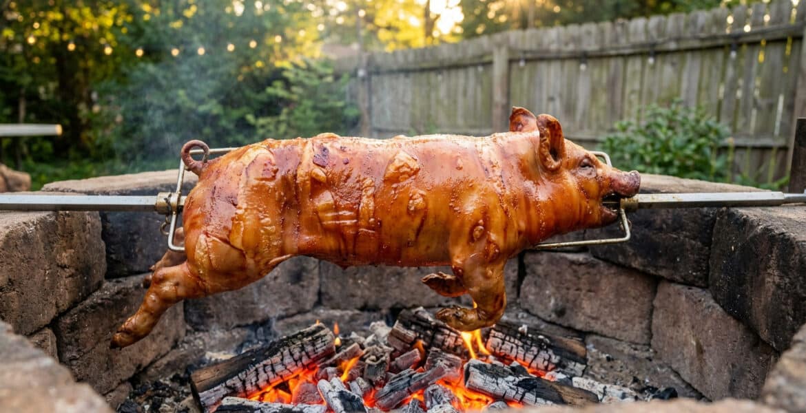perfectly roasted suckling pig on spit over glowing embers