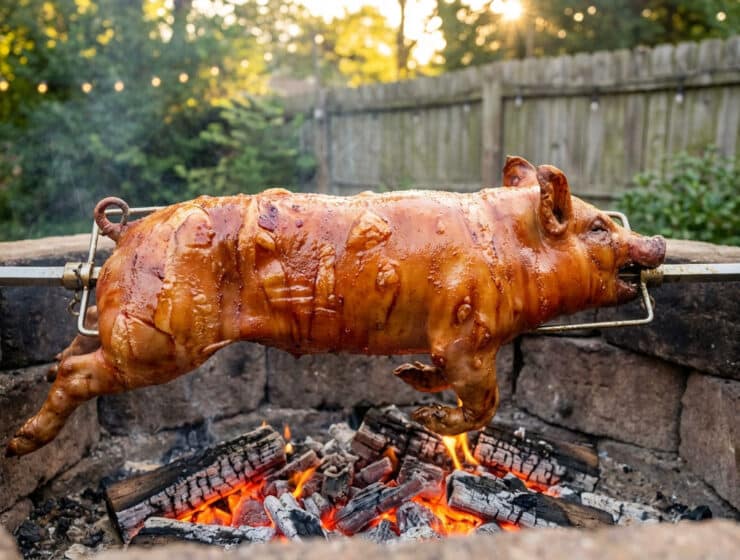 perfectly roasted suckling pig on spit over glowing embers