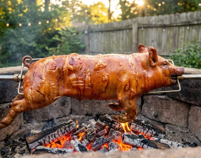 perfectly roasted suckling pig on spit over glowing embers