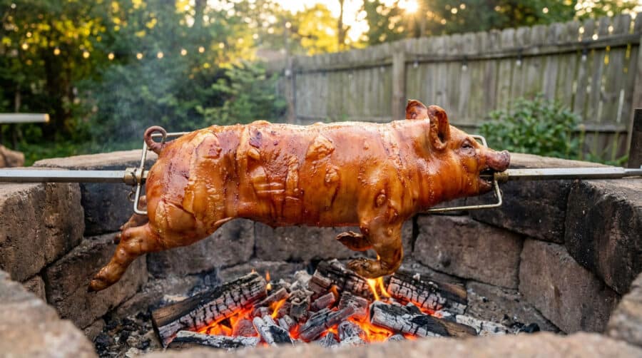 perfectly roasted suckling pig on spit over glowing embers