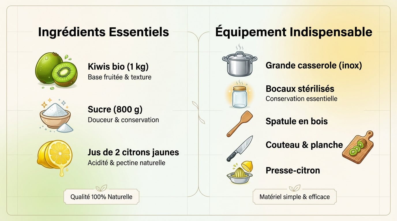 Ingrédients frais et ustensiles de cuisine prêts pour la préparation d'une confiture de kiwi maison naturelle