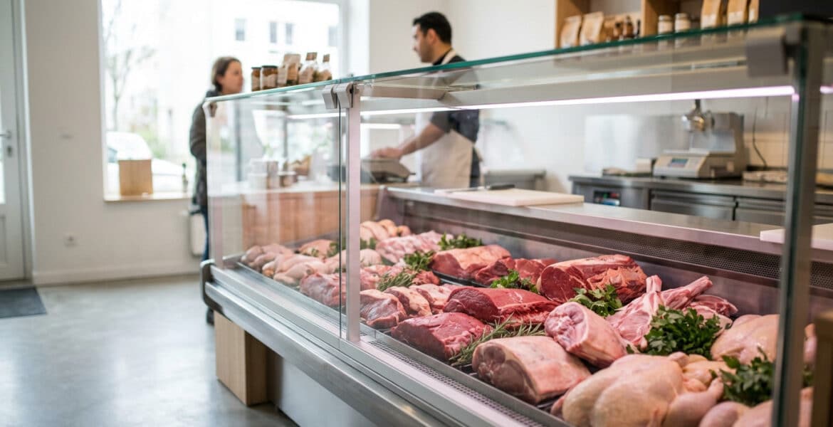 pristine halal meat display in modern butcher shop