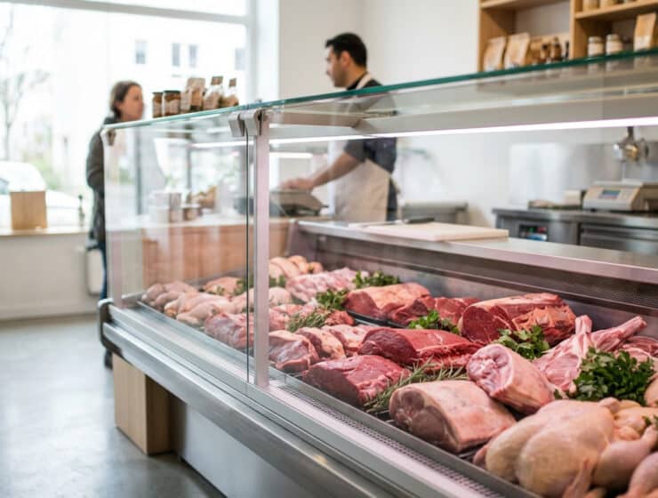 pristine halal meat display in modern butcher shop