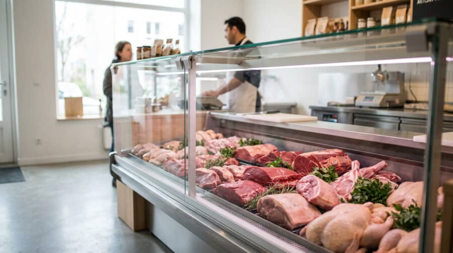 pristine halal meat display in modern butcher shop