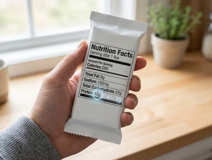 Étiquette nutritionnelle avec informations sur les protéines et marge d'erreur de 20%