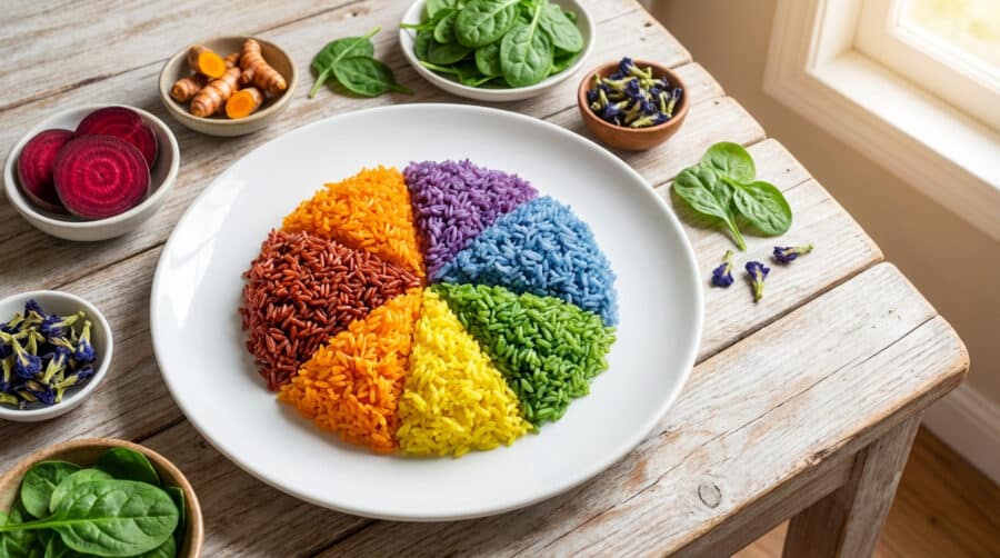 rainbow pride rice with natural colorants display
