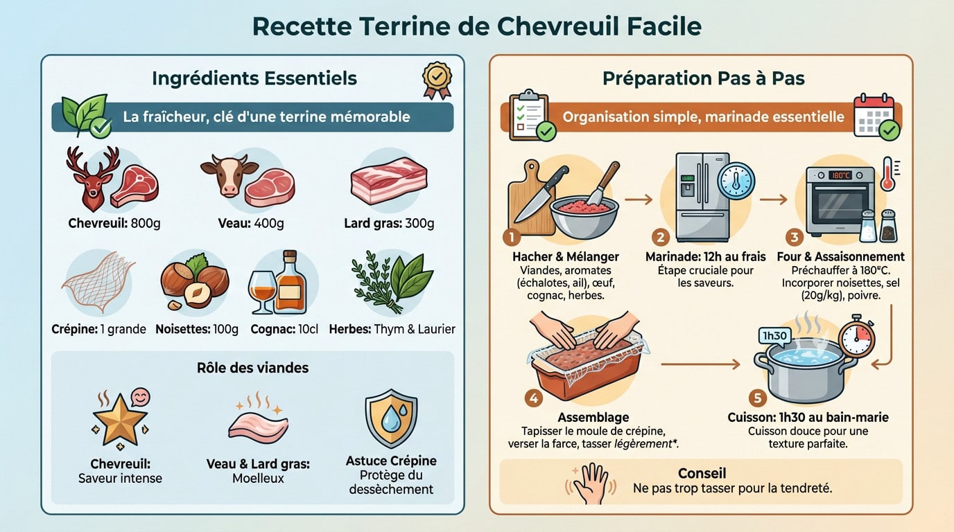 Terrine de chevreuil maison servie sur une planche en bois avec cornichons et pain de campagne
