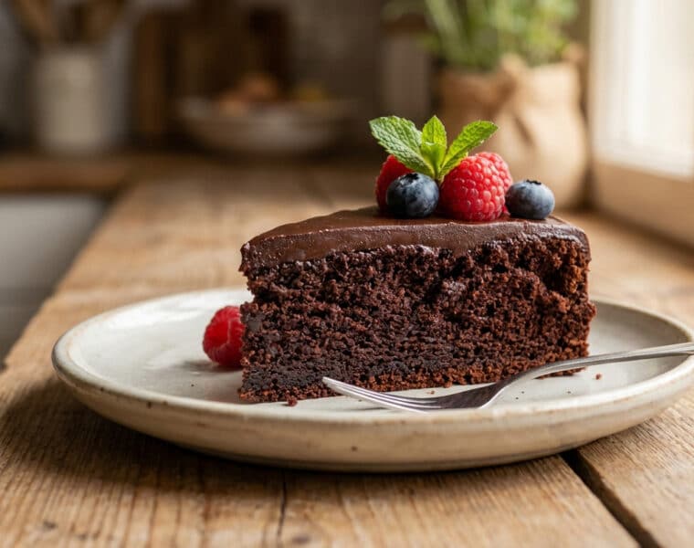 rich chocolate cake slice with fresh berries