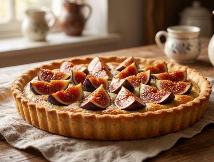 rustic fig and almond tart fresh from the oven