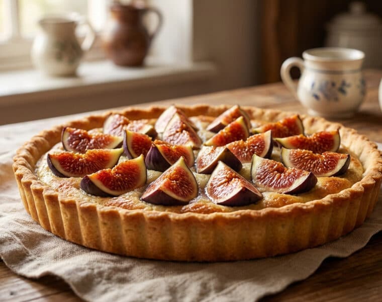 rustic fig and almond tart fresh from the oven