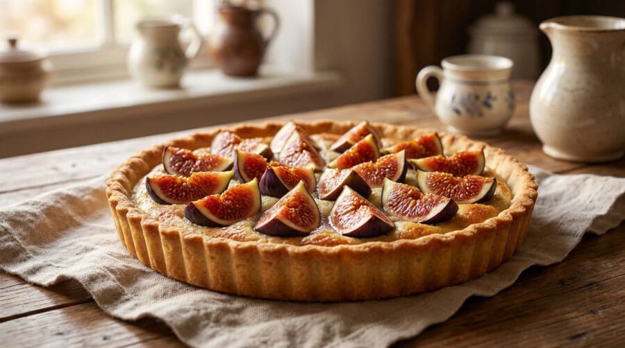 rustic fig and almond tart fresh from the oven