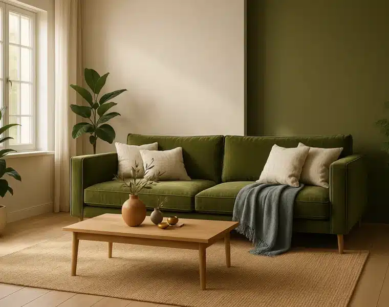 Intérieur moderne avec des murs vert olive et décor méditerranéen