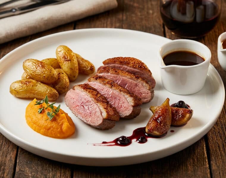 seared duck magret with sweet potato puree and glazed figs