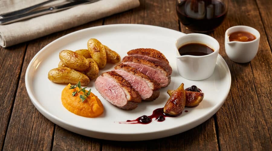 seared duck magret with sweet potato puree and glazed figs