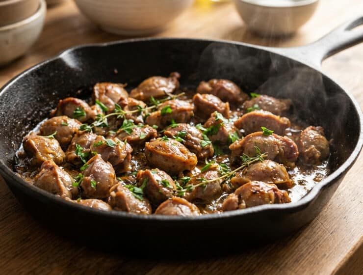 sizzling golden gizzards in cast iron pan