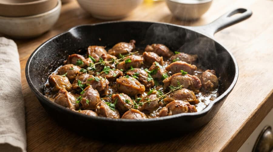 sizzling golden gizzards in cast iron pan