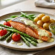 sophisticated salmon dish with lemon dill sauce