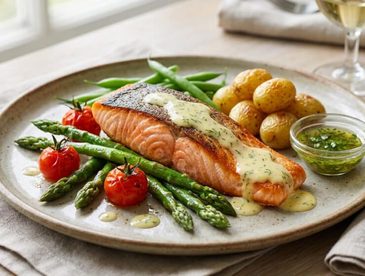 sophisticated salmon dish with lemon dill sauce