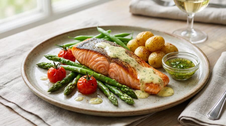sophisticated salmon dish with lemon dill sauce