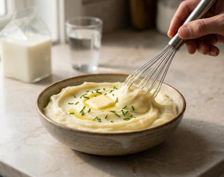 stirring smooth mashed potatoes with butter and chives