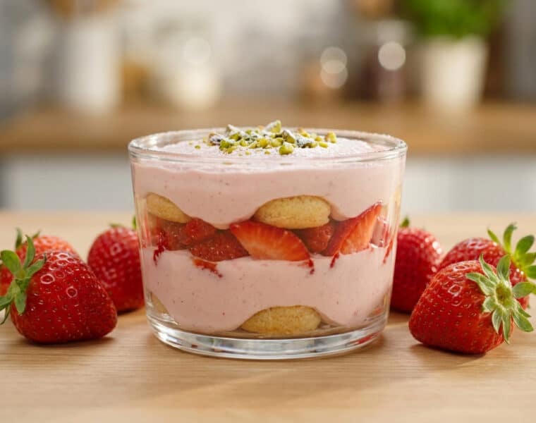 strawberry skyr tiramisu with pistachio