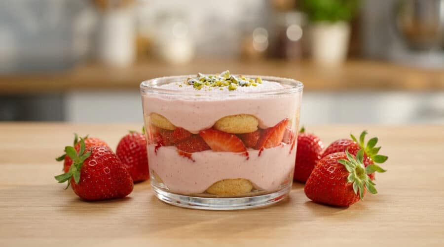 strawberry skyr tiramisu with pistachio