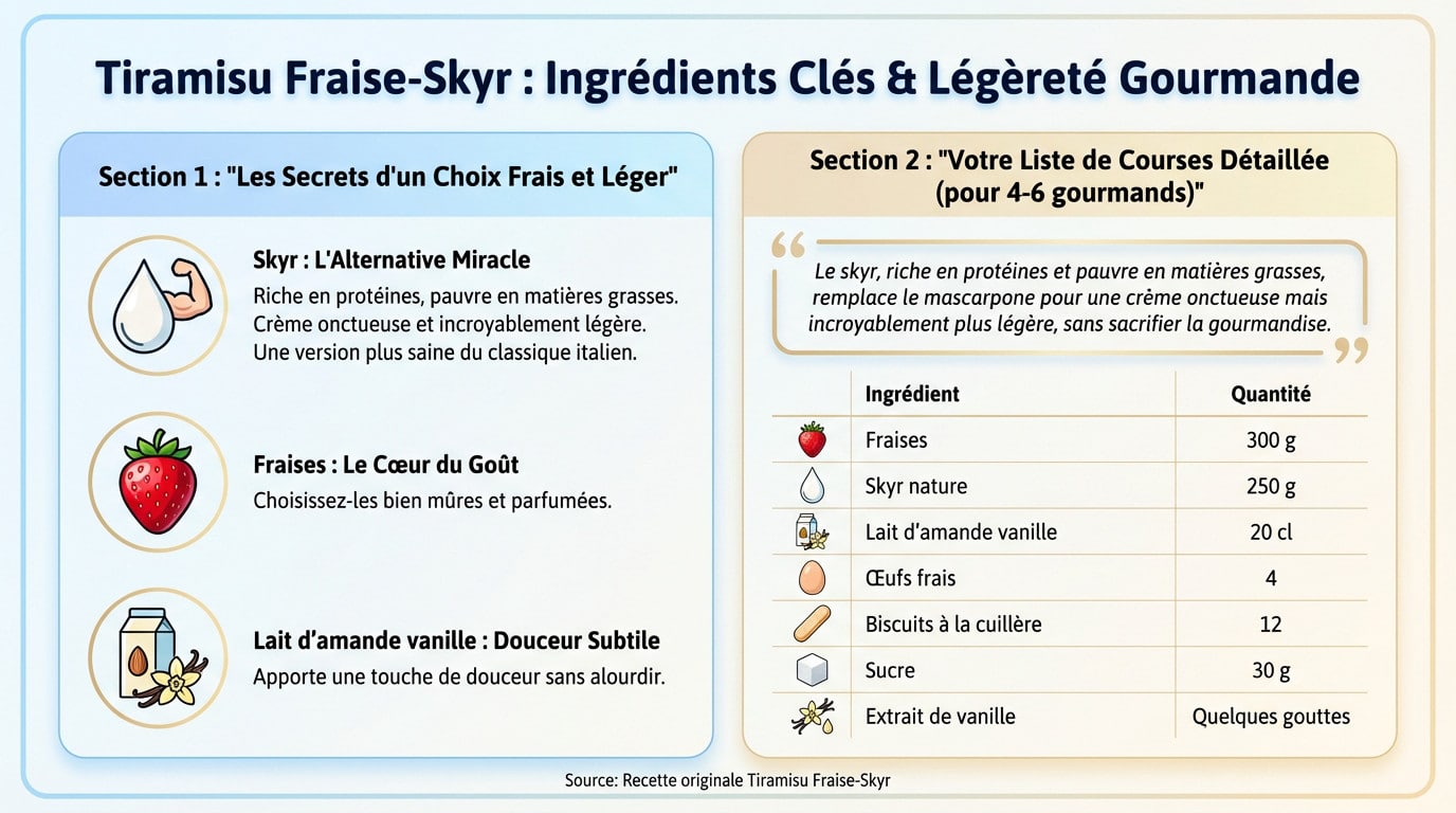 Ingrédients frais pour tiramisu léger : fraises, skyr et biscuits à la cuillère sur une table
